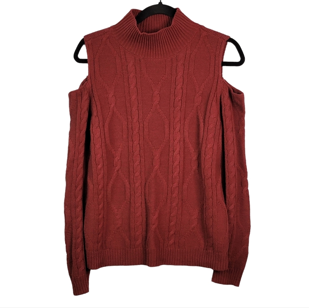 Leo & Nicole Open Exposed Shouler Cable Knit Maroon Sweater  Women's M